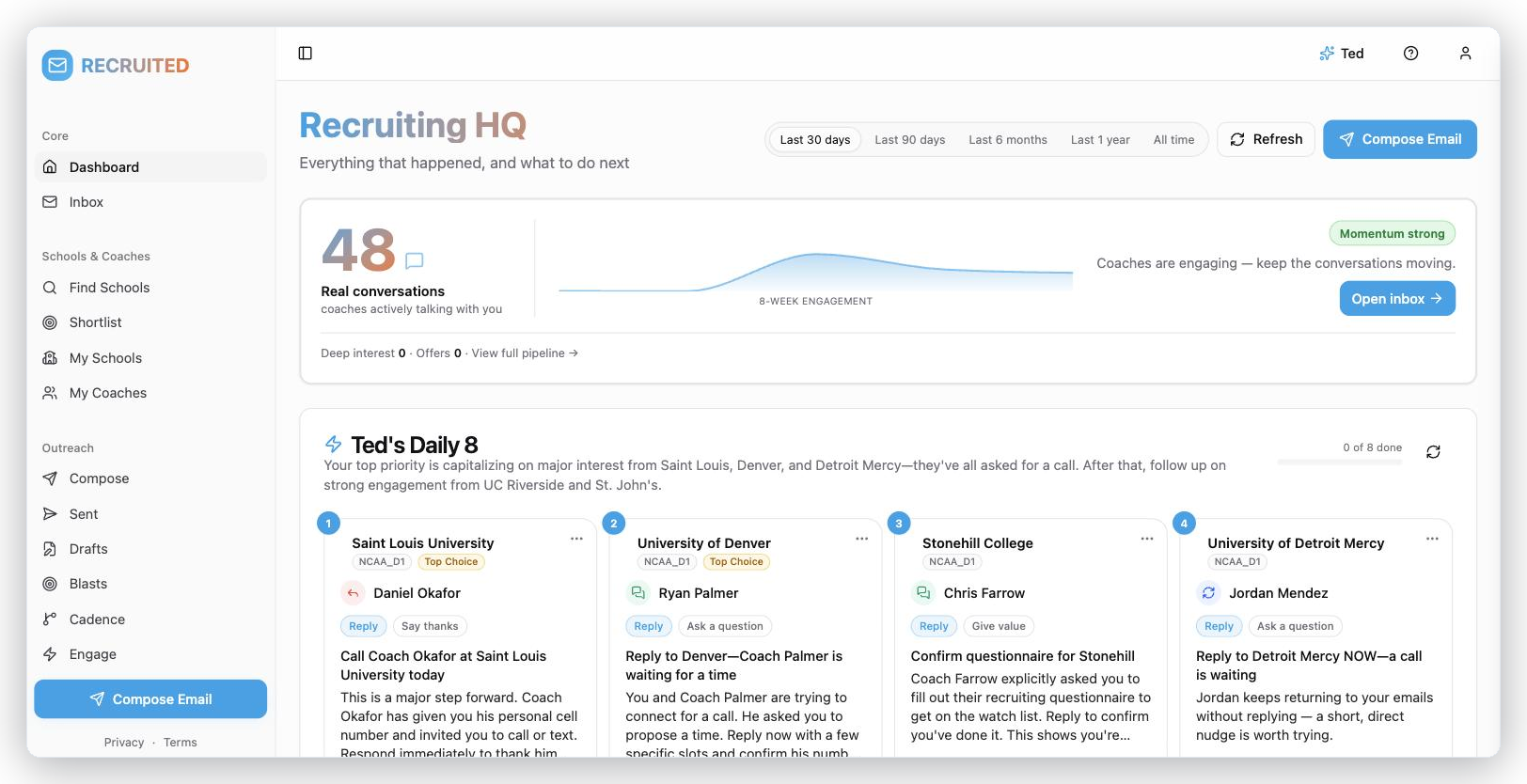 RECRUITED dashboard showing 48 real coach conversations and Ted's Daily 8 recommended actions