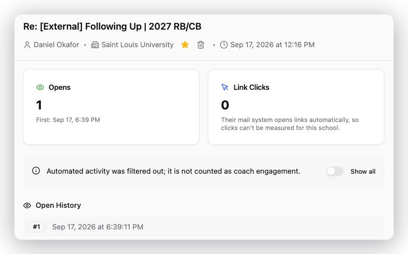 Every sent email shows opens, clicks and open history — bot opens filtered out.